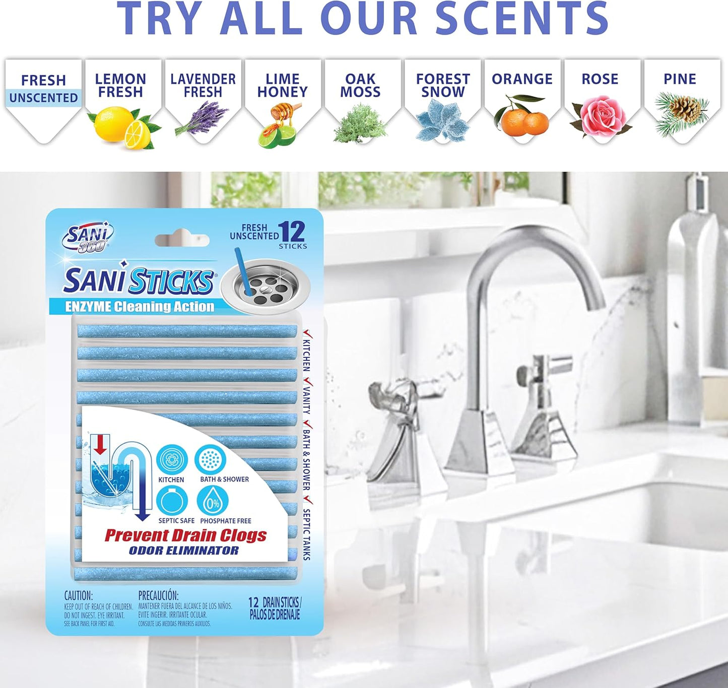 SANI 360° Sani Sticks, the Superior Odor Killer and Drain Cleaner Solution, Unscented – 24 Pack