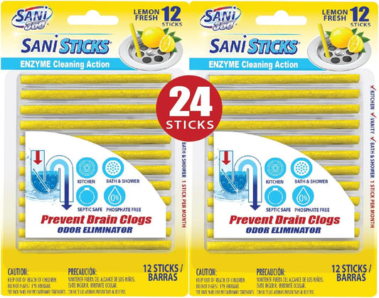 SANI 360° Sani Sticks, the Superior Odor Killer and Drain Cleaner Solution, Lemon Scent – 24 Pack