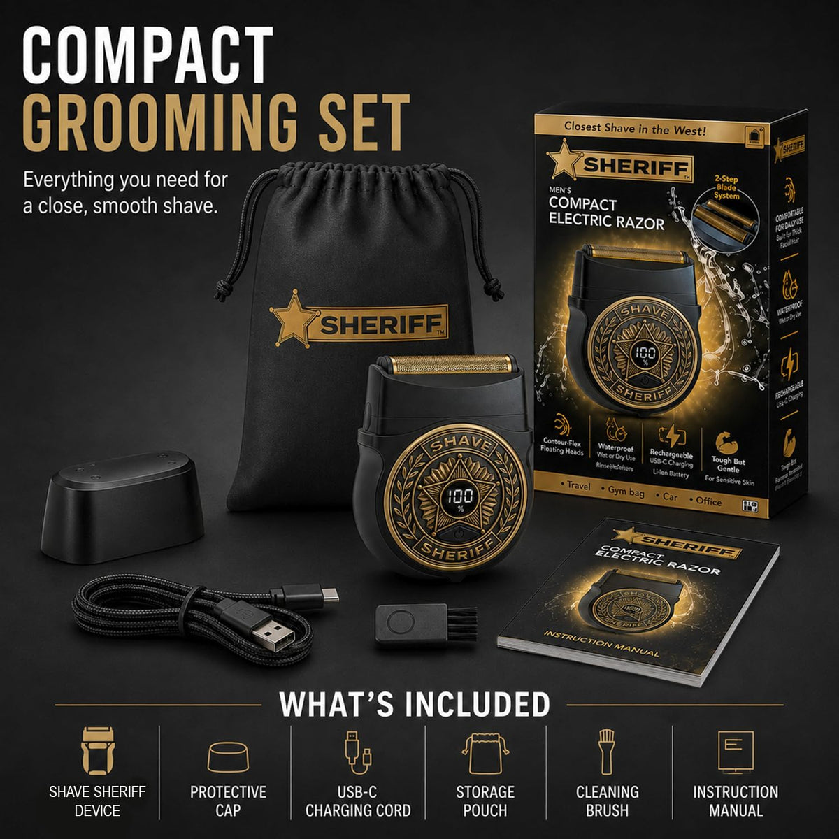 Electric Razor Shave Sheriff for Men, Waterproof Titanium Travel Shaver