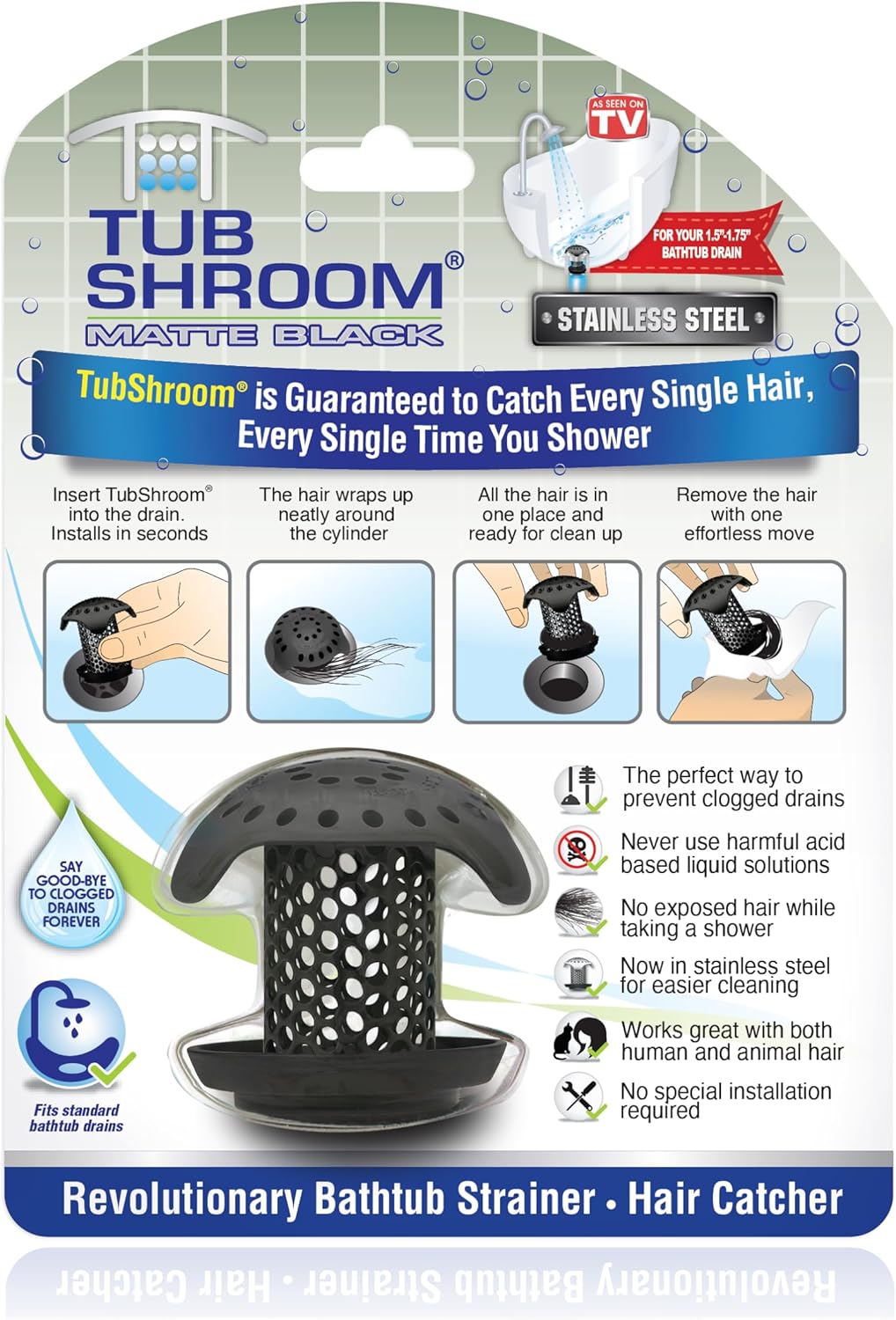 TubShroom Ultra Stainless Steel Drain Protector, Matte Black